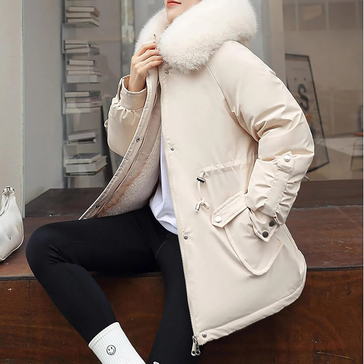 Women's Winter Puffer Coat Thicken Fleece Lined Down Jacket Faux Fur Parka Winter Thicken Fleece Lined Outerwear