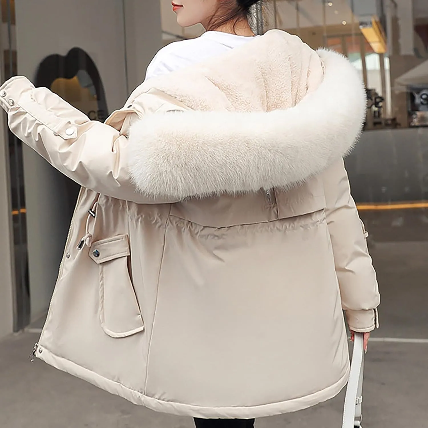 Women's Winter Puffer Coat Thicken Fleece Lined Down Jacket Faux Fur Parka Winter Thicken Fleece Lined Outerwear