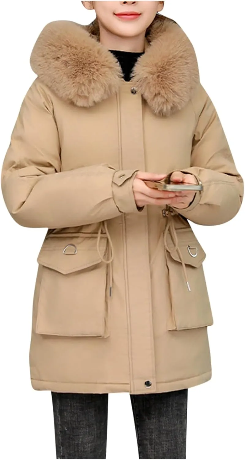 Women's Winter Puffer Coat Thicken Fleece Lined Down Jacket Faux Fur Parka Winter Thicken Fleece Lined Outerwear