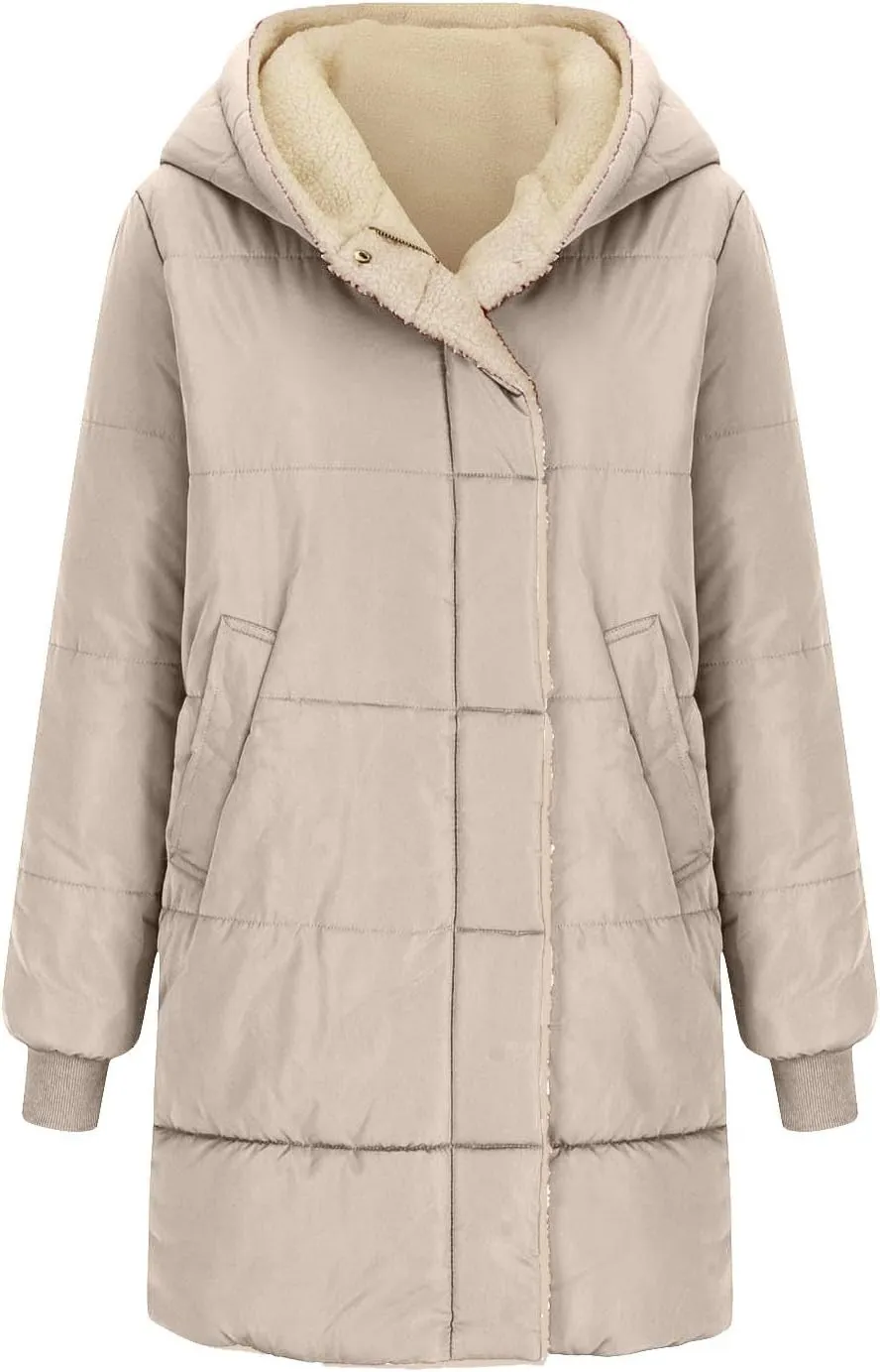 Womens Winter Warm Coats Sherpa Fleece Lined Jacket Puffer Jacket Thicken Down Jacket Warm Cotton Long Hooded Jackets