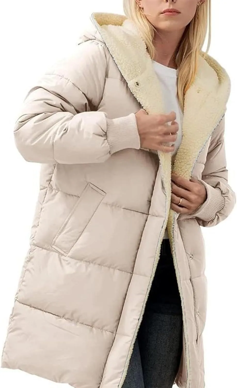 Womens Winter Warm Coats Sherpa Fleece Lined Jacket Puffer Jacket Thicken Down Jacket Warm Cotton Long Hooded Jackets