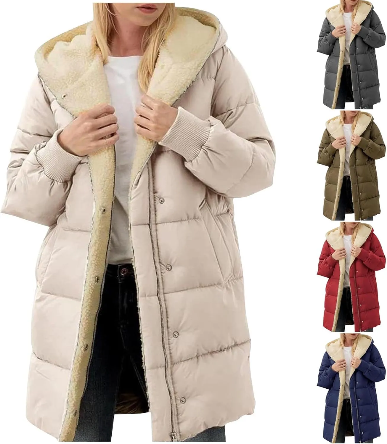 Womens Winter Warm Coats Sherpa Fleece Lined Jacket Puffer Jacket Thicken Down Jacket Warm Cotton Long Hooded Jackets