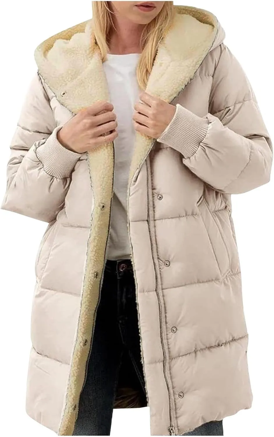 Womens Winter Warm Coats Sherpa Fleece Lined Jacket Puffer Jacket Thicken Down Jacket Warm Cotton Long Hooded Jackets