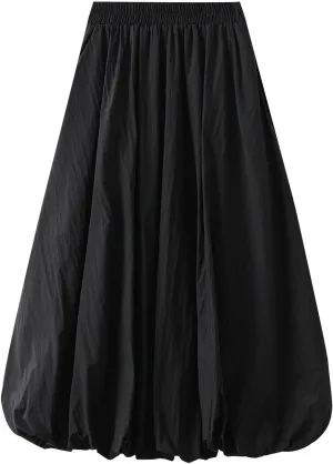 Womens Y2k Bubble Skirt Elastic High Waist A Line Long Skirts Casual Loose Ruffle Pleated Midi Long Flowy A-Line Skirt