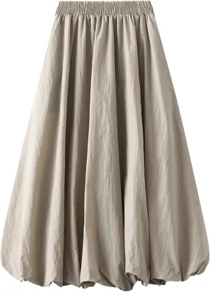 Womens Y2k Bubble Skirt Elastic High Waist A Line Long Skirts Casual Loose Ruffle Pleated Midi Long Flowy A-Line Skirt