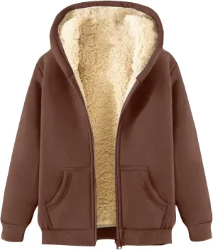 Womens Zip Up Hoodies Sherpa Lined Fleece Thermal Jacket Full Zip Winter Warm Casual Thick Coats Pockets