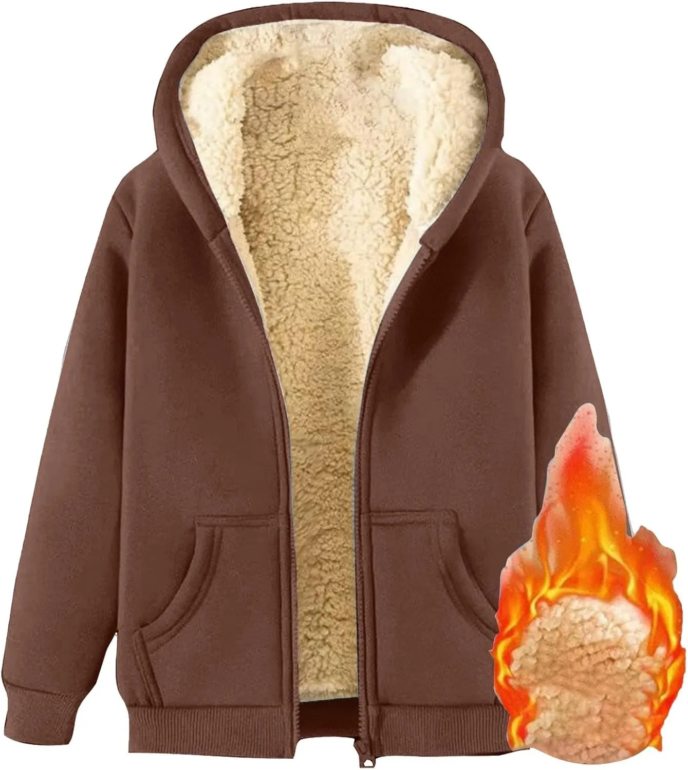Womens Zip Up Hoodies Sherpa Lined Fleece Thermal Jacket Full Zip Winter Warm Casual Thick Coats Pockets