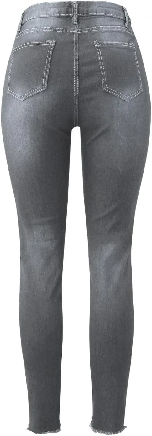 WUAI-Women High Waisted Stretch Ripped Skinny Jeans Plus Size Boyfriend Distressed High Rise Slim Fit Denim Pants Trousers