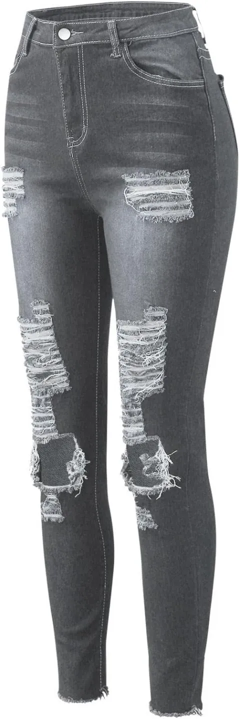 WUAI-Women High Waisted Stretch Ripped Skinny Jeans Plus Size Boyfriend Distressed High Rise Slim Fit Denim Pants Trousers