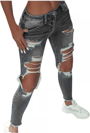 WUAI-Women High Waisted Stretch Ripped Skinny Jeans Plus Size Boyfriend Distressed High Rise Slim Fit Denim Pants Trousers