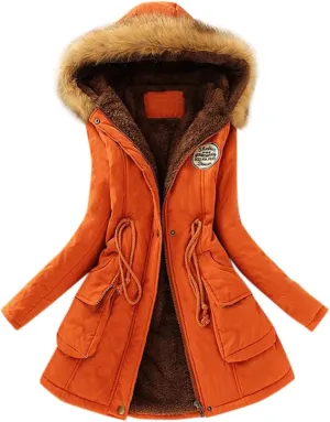 XUETON Winter Coats for Women Zip Up Hooded Warm Thicken Fleece Lined Parkas Military Safari Utility Anorak Jackets Outwear(Orange,Small)