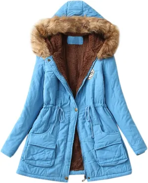 XUETON Winter Coats for Women Zip Up Hooded Warm Thicken Fleece Lined Parkas Military Safari Utility Anorak Jackets Outwear(Sky Blue,Large)