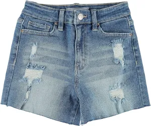 YMI Women's Junior Vintage Dream High-Rise Mid-Length Distressed Hem Denim Shorts