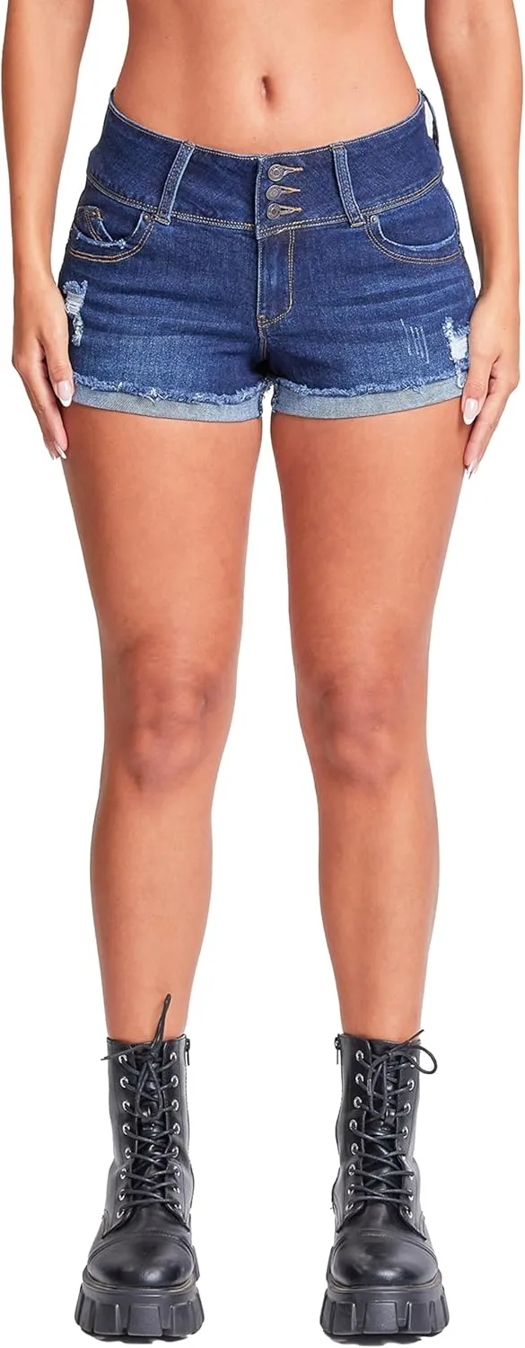 YMI Women's Junior Wannabettabutt 3 Button Mid-Rise Cuffed Lightly Distressed Denim Short