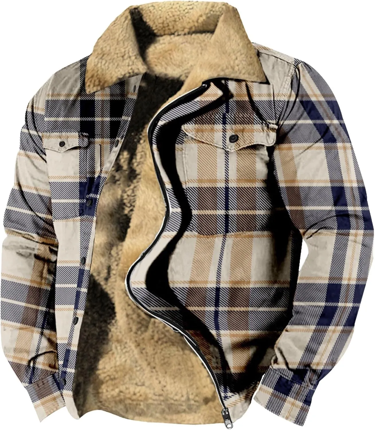 Ymosrh Men's Fashion Jacket Plaid Sherpa Lined Fleece Turn-Down Collar Trucker Jackets Warm Winter Coats Jacket, M-5XL