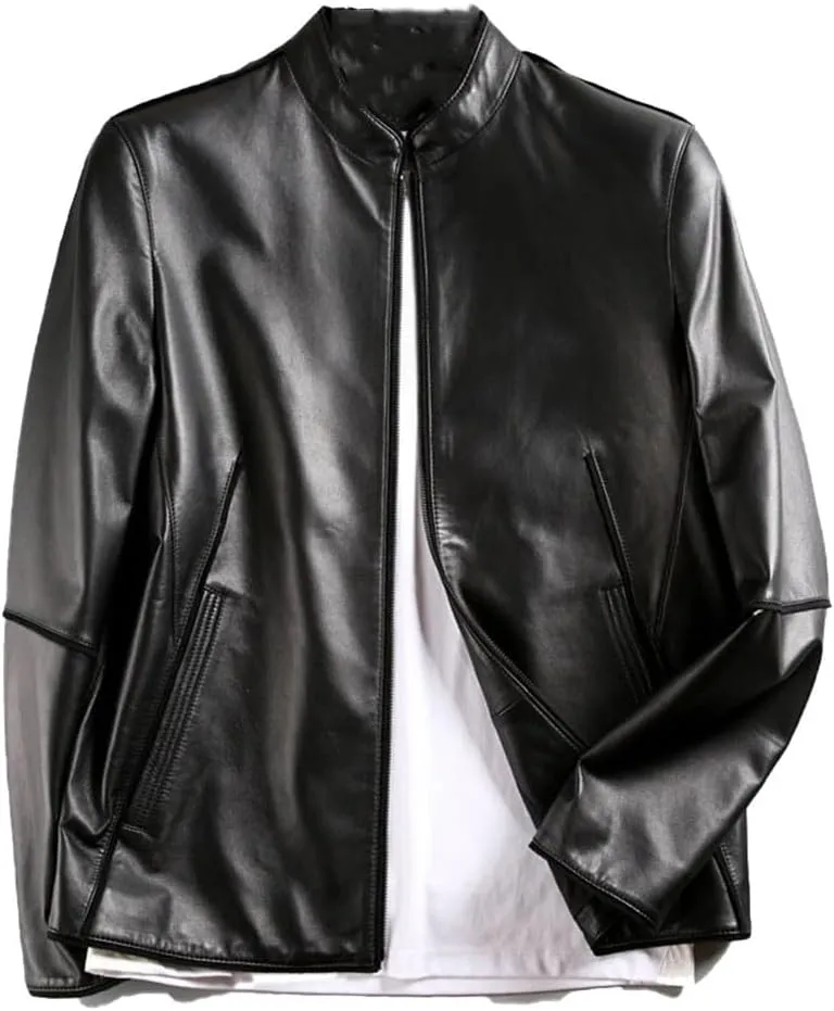 Youllyuu Natural Sheepskin Soft Business Jackets For Men Stand Collar Zip Up Motorcycle Biker Jackets