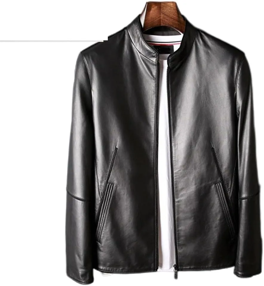 Youllyuu Natural Sheepskin Soft Business Jackets For Men Stand Collar Zip Up Motorcycle Biker Jackets