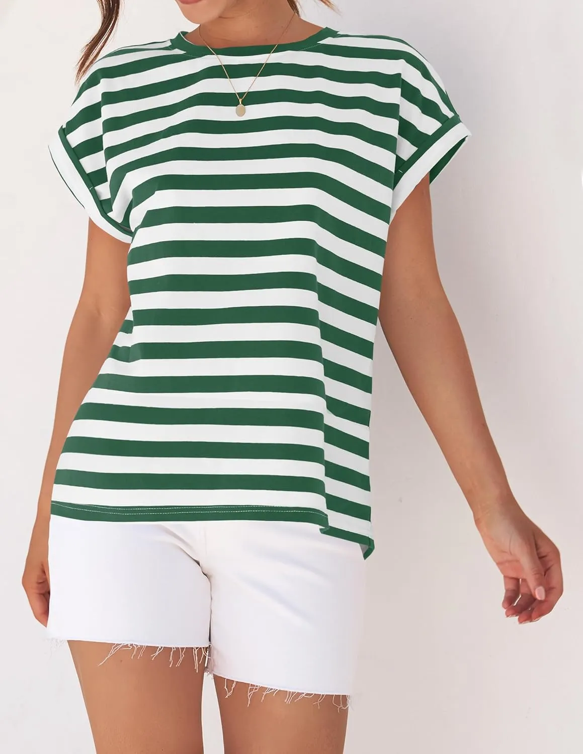 ZESICA Womens Summer Cap Sleeve Crewneck Tops Casual Loose Striped T-Shirts Basic Tees