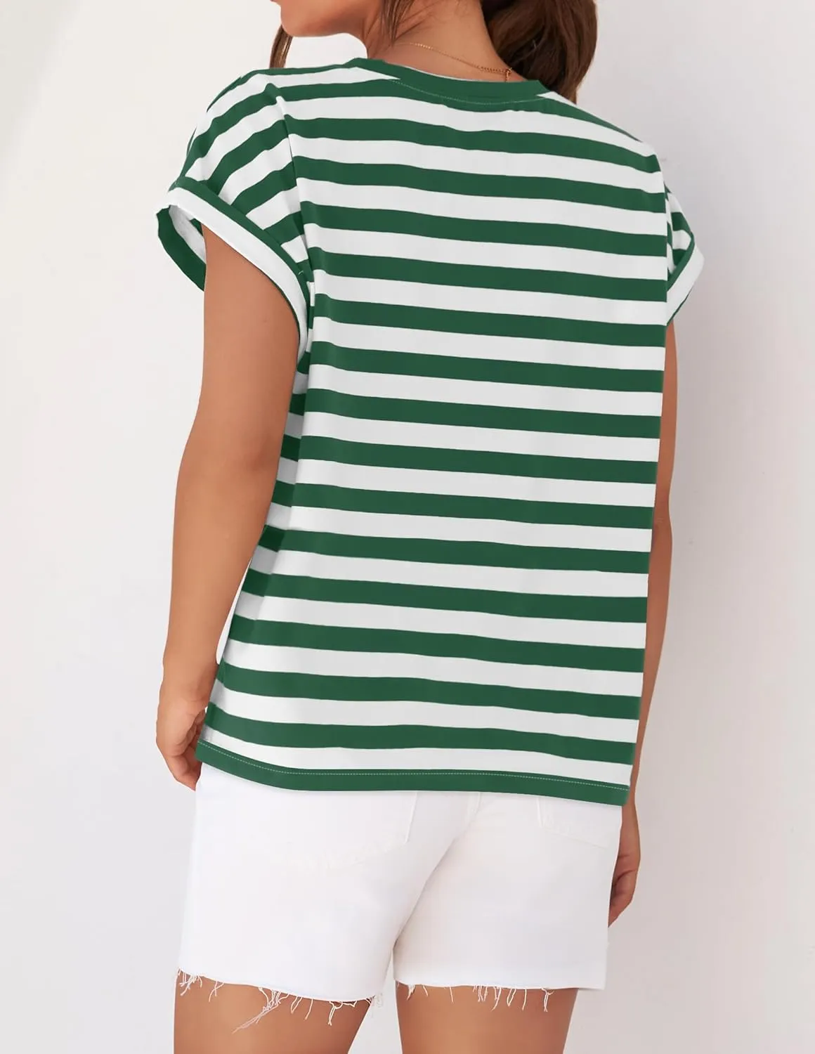 ZESICA Womens Summer Cap Sleeve Crewneck Tops Casual Loose Striped T-Shirts Basic Tees