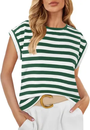 ZESICA Womens Summer Cap Sleeve Crewneck Tops Casual Loose Striped T-Shirts Basic Tees