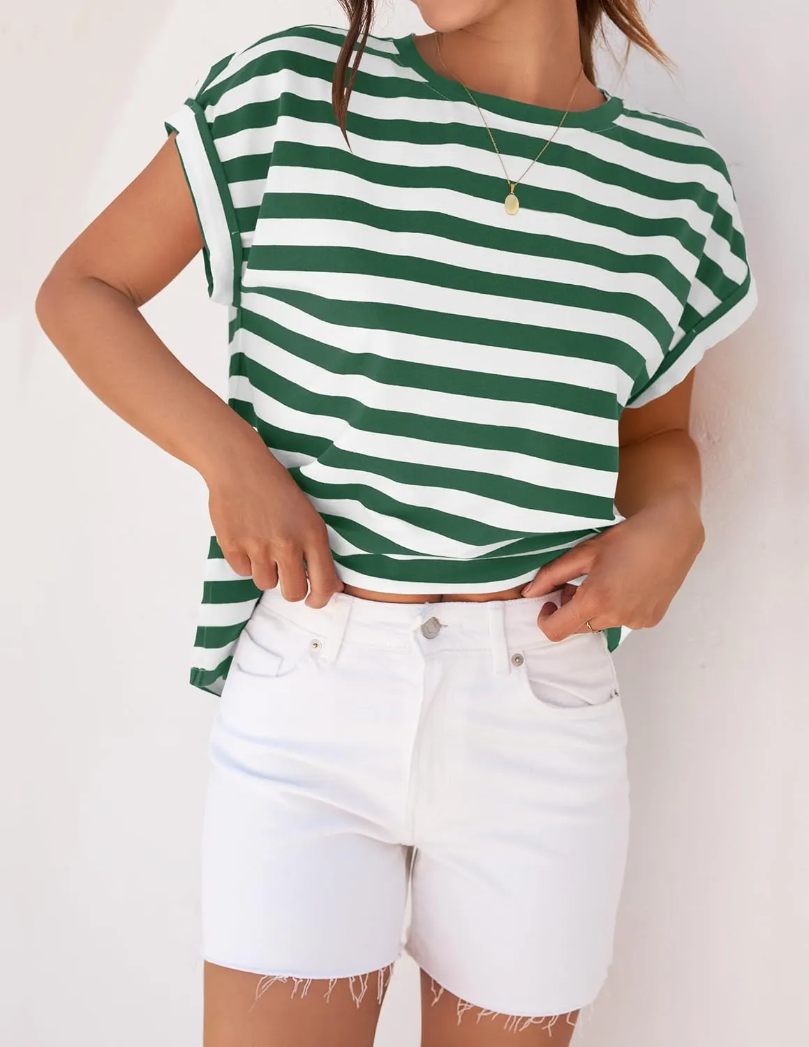ZESICA Womens Summer Cap Sleeve Crewneck Tops Casual Loose Striped T-Shirts Basic Tees
