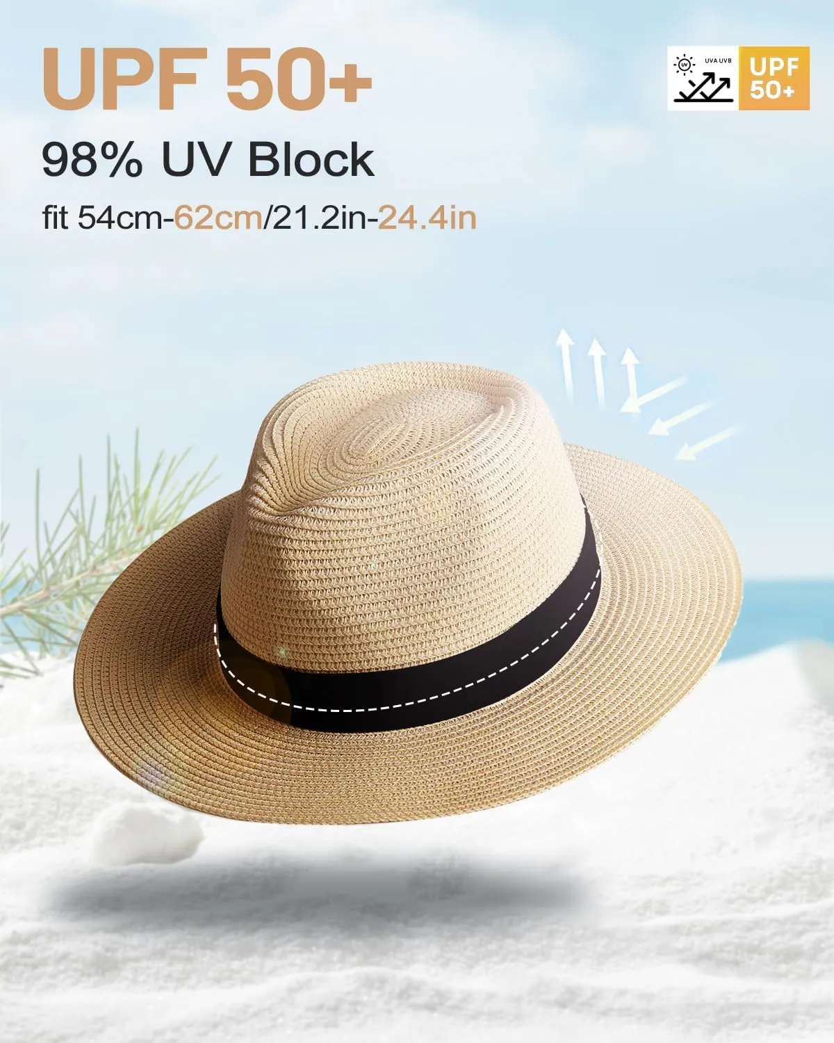 Zylioo Oversize XXL Straw Sun Hats,X-Large Panama Fedora Hat with Lanyard for Big Heads,Giant UV Summer Beach Hats