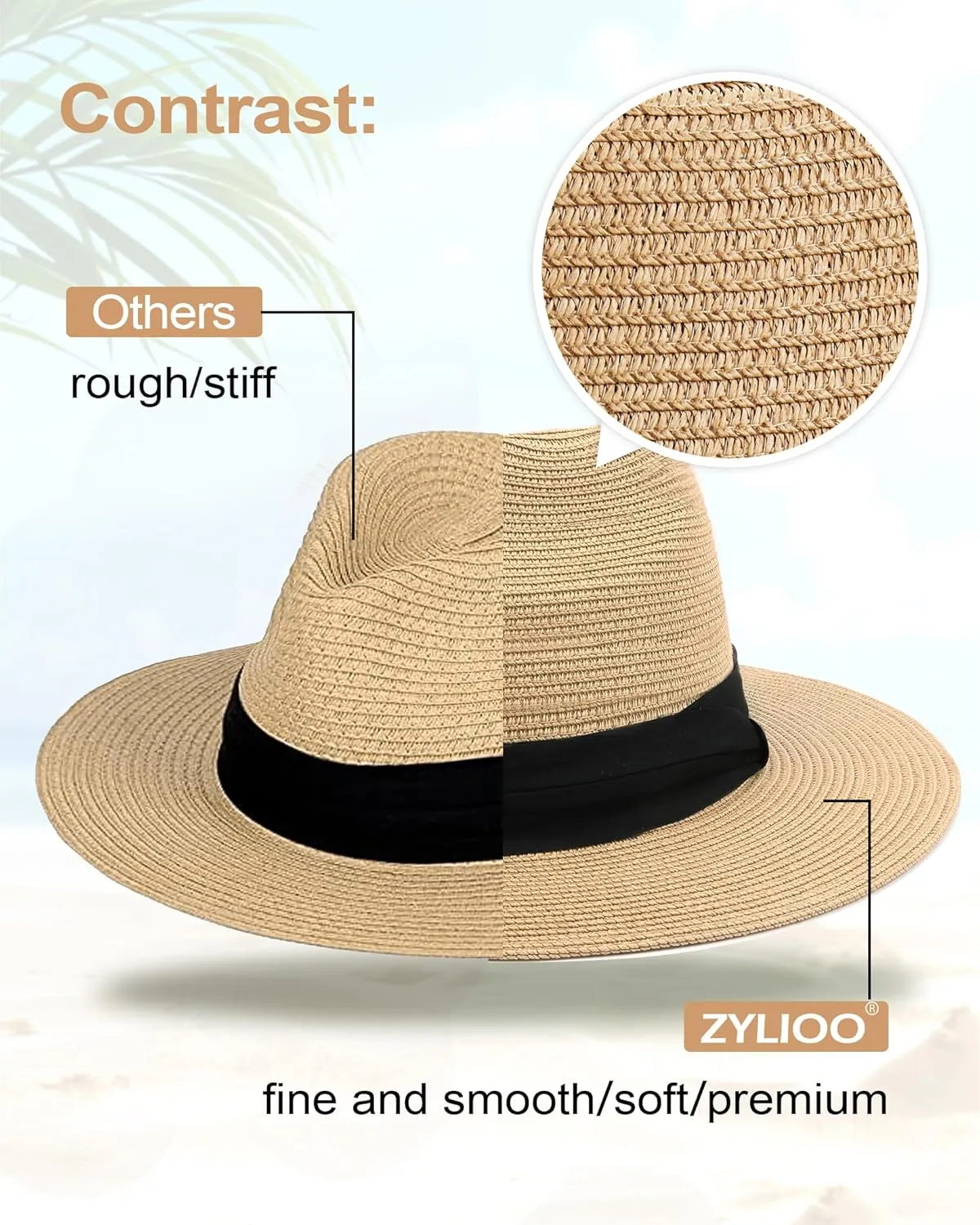 Zylioo Oversize XXL Straw Sun Hats,X-Large Panama Fedora Hat with Lanyard for Big Heads,Giant UV Summer Beach Hats
