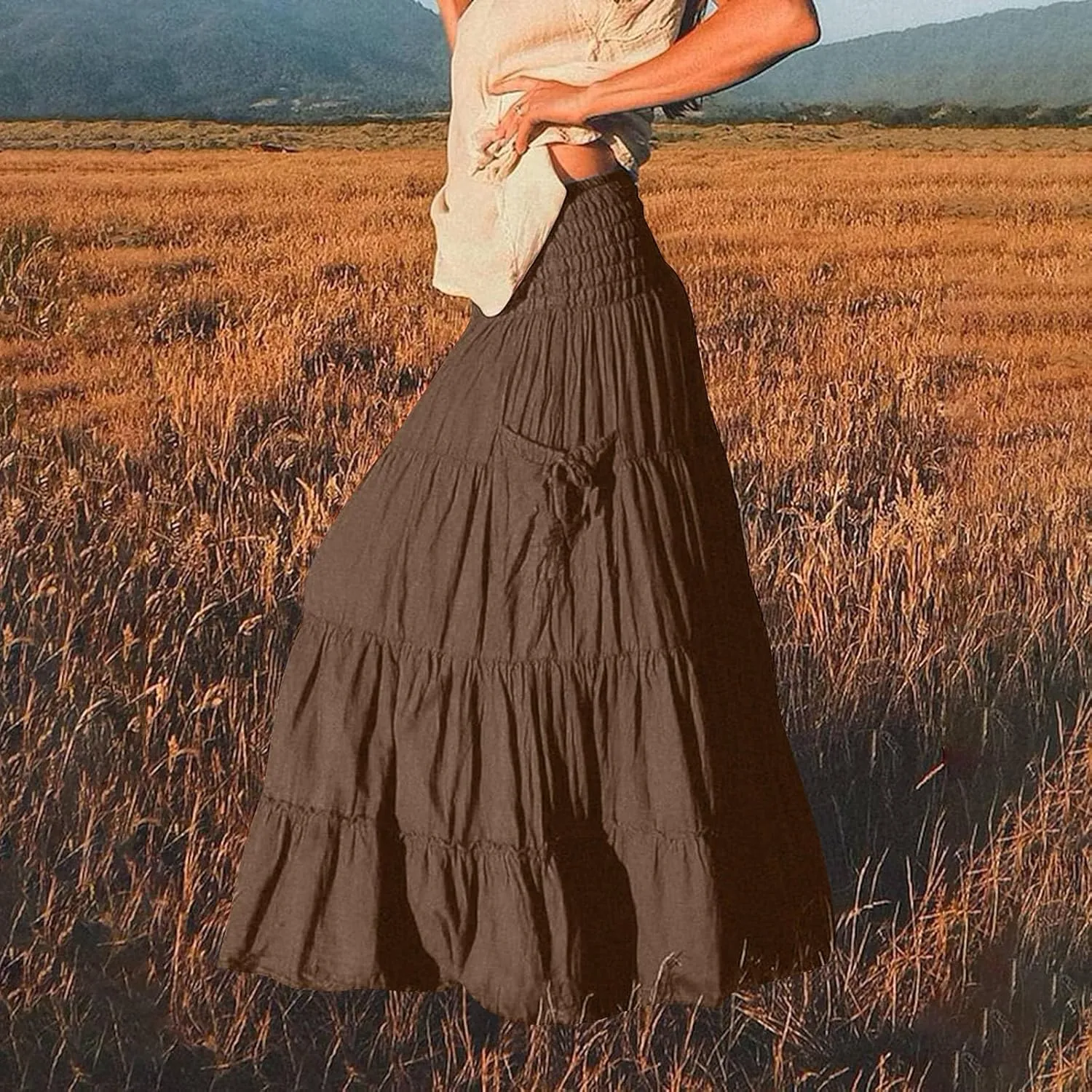 ZYXTIM Women's Summer Boho Maxi Skirt Elastic High Waist Boho Double Layered Pleated Beach Long Dress with Pockets Drawstring