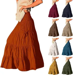 ZYXTIM Women's Summer Boho Maxi Skirt Elastic High Waist Boho Double Layered Pleated Beach Long Dress with Pockets Drawstring