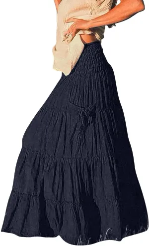 ZYXTIM Women's Summer Boho Maxi Skirt Elastic High Waist Boho Double Layered Pleated Beach Long Dress with Pockets Drawstring