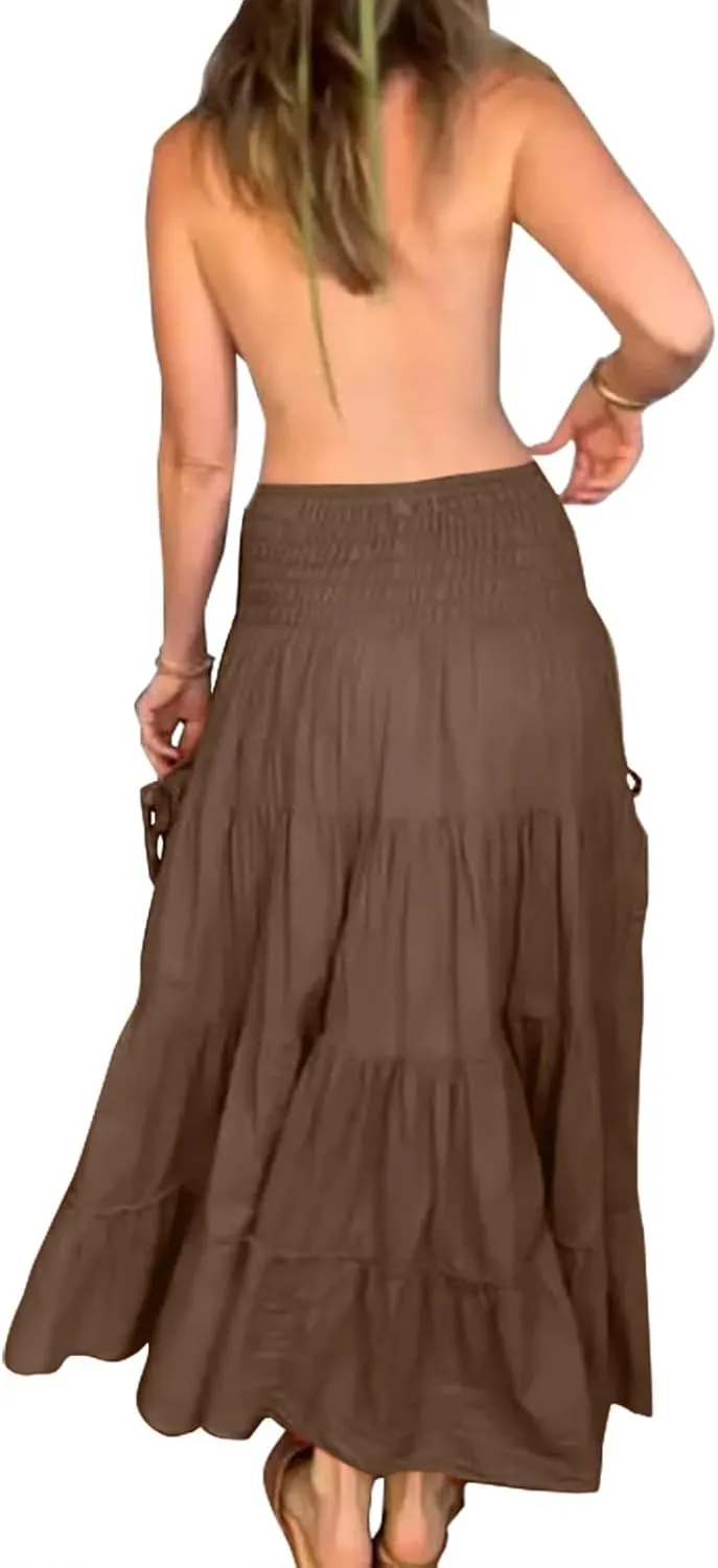ZYXTIM Women's Summer Boho Maxi Skirt Elastic High Waist Boho Double Layered Pleated Beach Long Dress with Pockets Drawstring