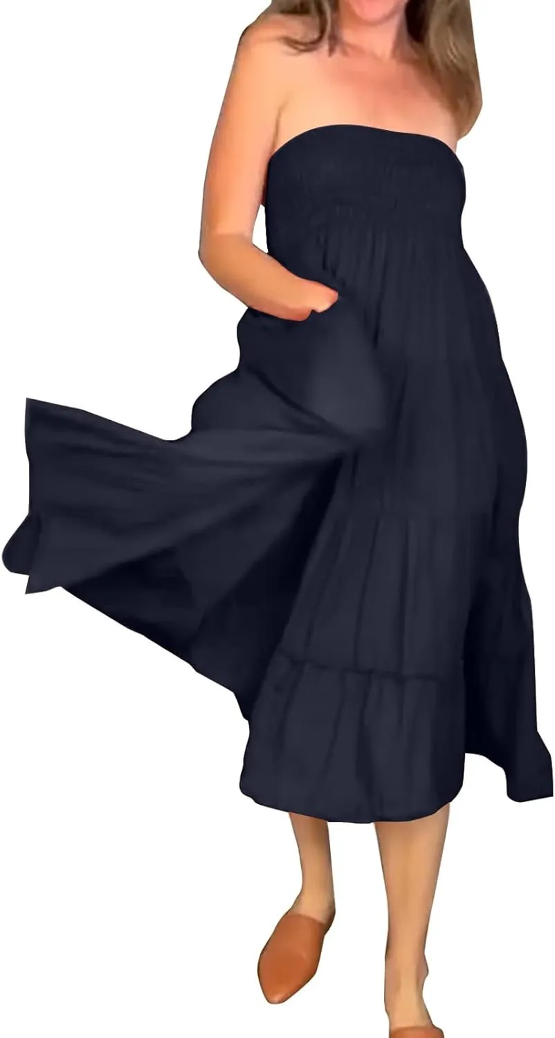 ZYXTIM Women's Summer Boho Maxi Skirt Elastic High Waist Boho Double Layered Pleated Beach Long Dress with Pockets Drawstring