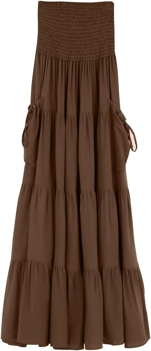 ZYXTIM Women's Summer Boho Maxi Skirt Elastic High Waist Boho Double Layered Pleated Beach Long Dress with Pockets Drawstring