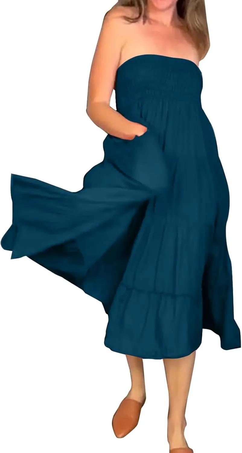 ZYXTIM Women's Summer Boho Maxi Skirt Elastic High Waist Boho Double Layered Pleated Beach Long Dress with Pockets Drawstring