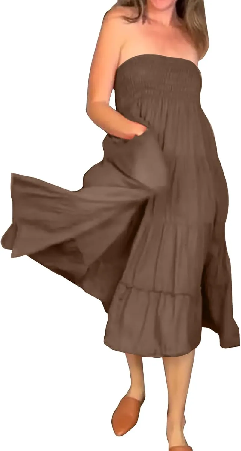 ZYXTIM Women's Summer Boho Maxi Skirt Elastic High Waist Boho Double Layered Pleated Beach Long Dress with Pockets Drawstring