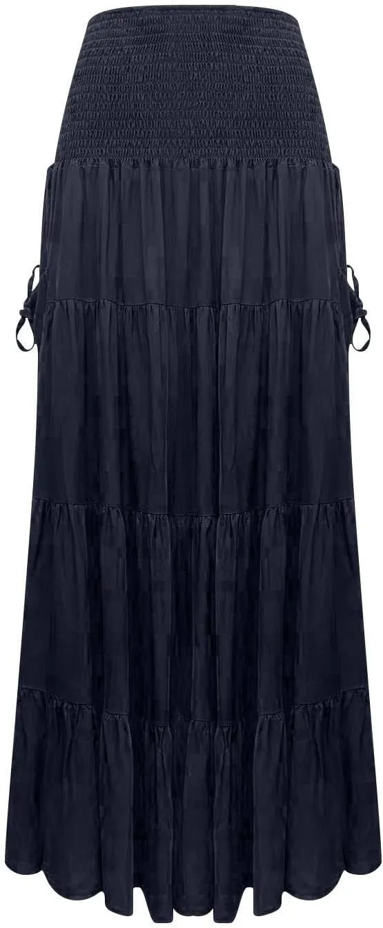 ZYXTIM Women's Summer Boho Maxi Skirt Elastic High Waist Boho Double Layered Pleated Beach Long Dress with Pockets Drawstring