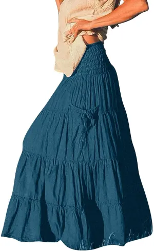 ZYXTIM Women's Summer Boho Maxi Skirt Elastic High Waist Boho Double Layered Pleated Beach Long Dress with Pockets Drawstring