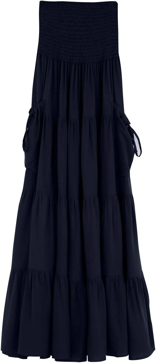 ZYXTIM Women's Summer Boho Maxi Skirt Elastic High Waist Boho Double Layered Pleated Beach Long Dress with Pockets Drawstring