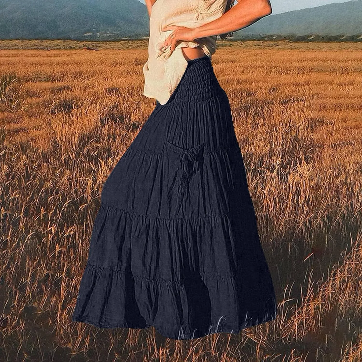 ZYXTIM Women's Summer Boho Maxi Skirt Elastic High Waist Boho Double Layered Pleated Beach Long Dress with Pockets Drawstring