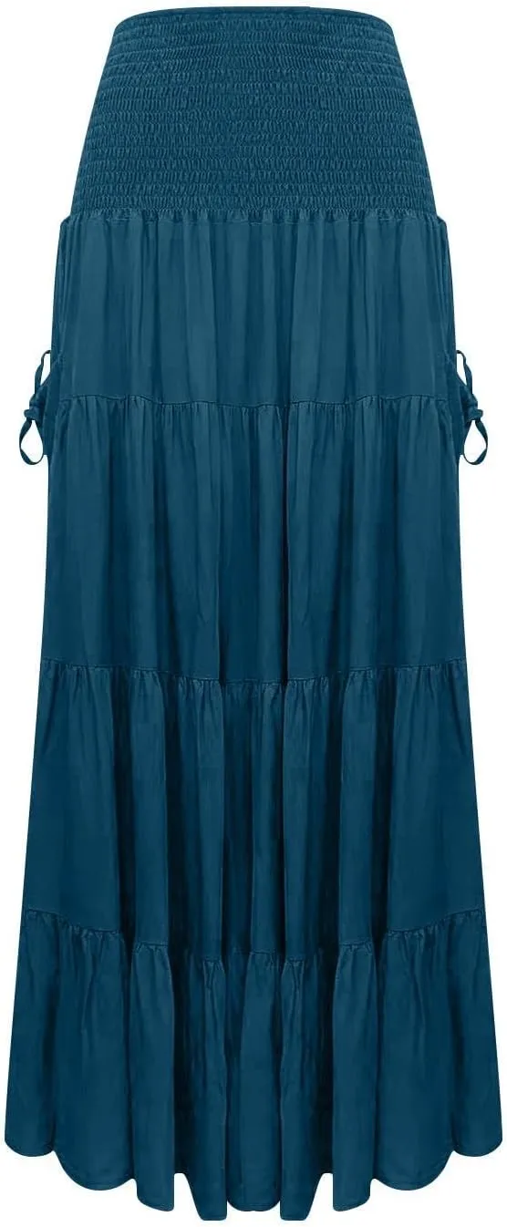 ZYXTIM Women's Summer Boho Maxi Skirt Elastic High Waist Boho Double Layered Pleated Beach Long Dress with Pockets Drawstring
