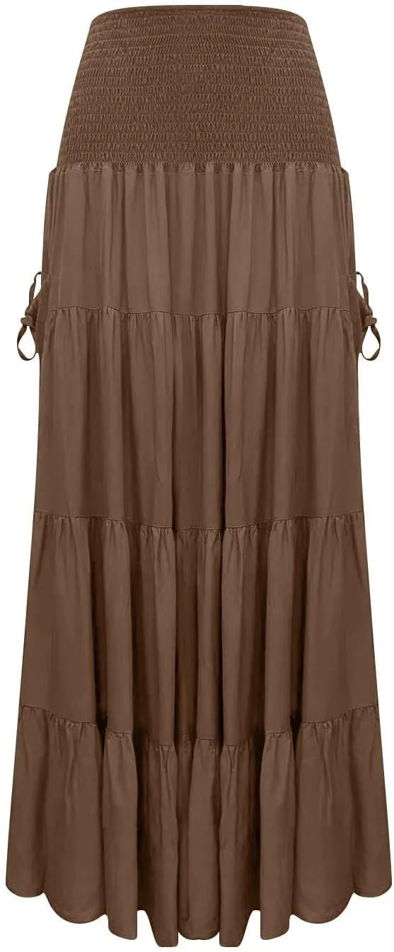 ZYXTIM Women's Summer Boho Maxi Skirt Elastic High Waist Boho Double Layered Pleated Beach Long Dress with Pockets Drawstring