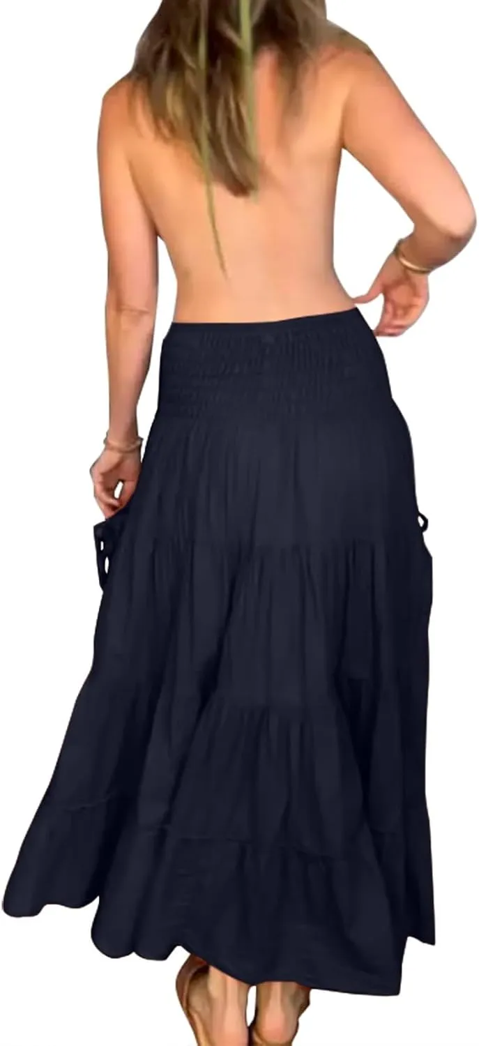ZYXTIM Women's Summer Boho Maxi Skirt Elastic High Waist Boho Double Layered Pleated Beach Long Dress with Pockets Drawstring