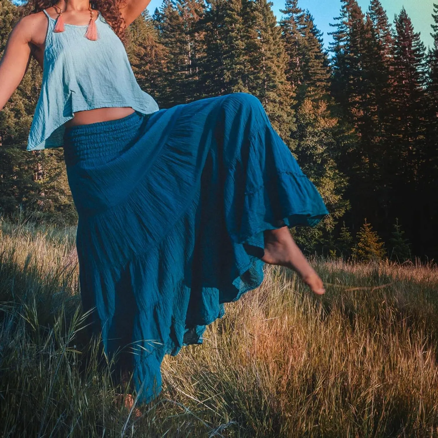 ZYXTIM Women's Summer Boho Maxi Skirt Elastic High Waist Boho Double Layered Pleated Beach Long Dress with Pockets Drawstring